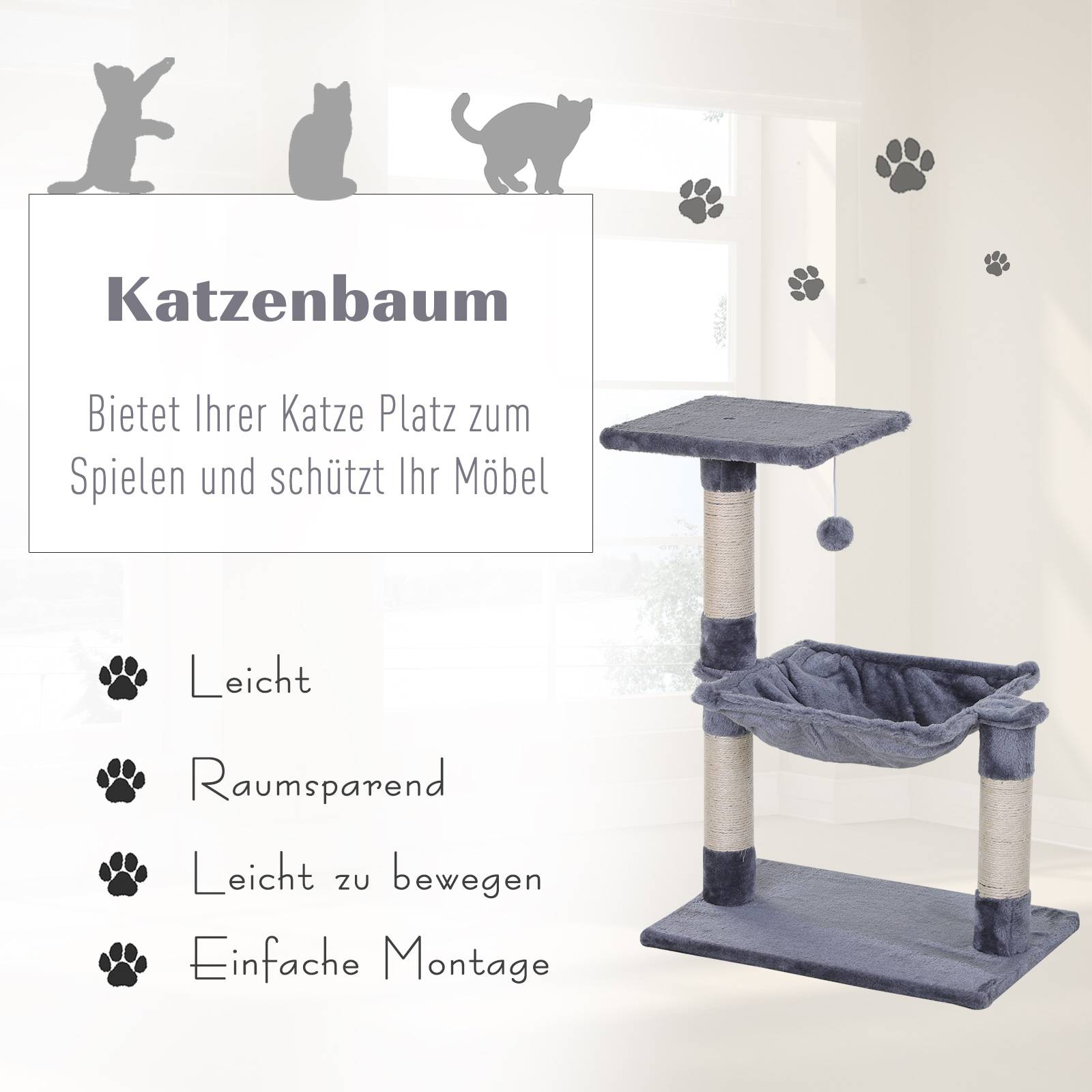 Arbre à chat PawHut 70 cm, tour avec balle en peluche, poteau sisal, grande plateforme, hamac, gris - Image 6