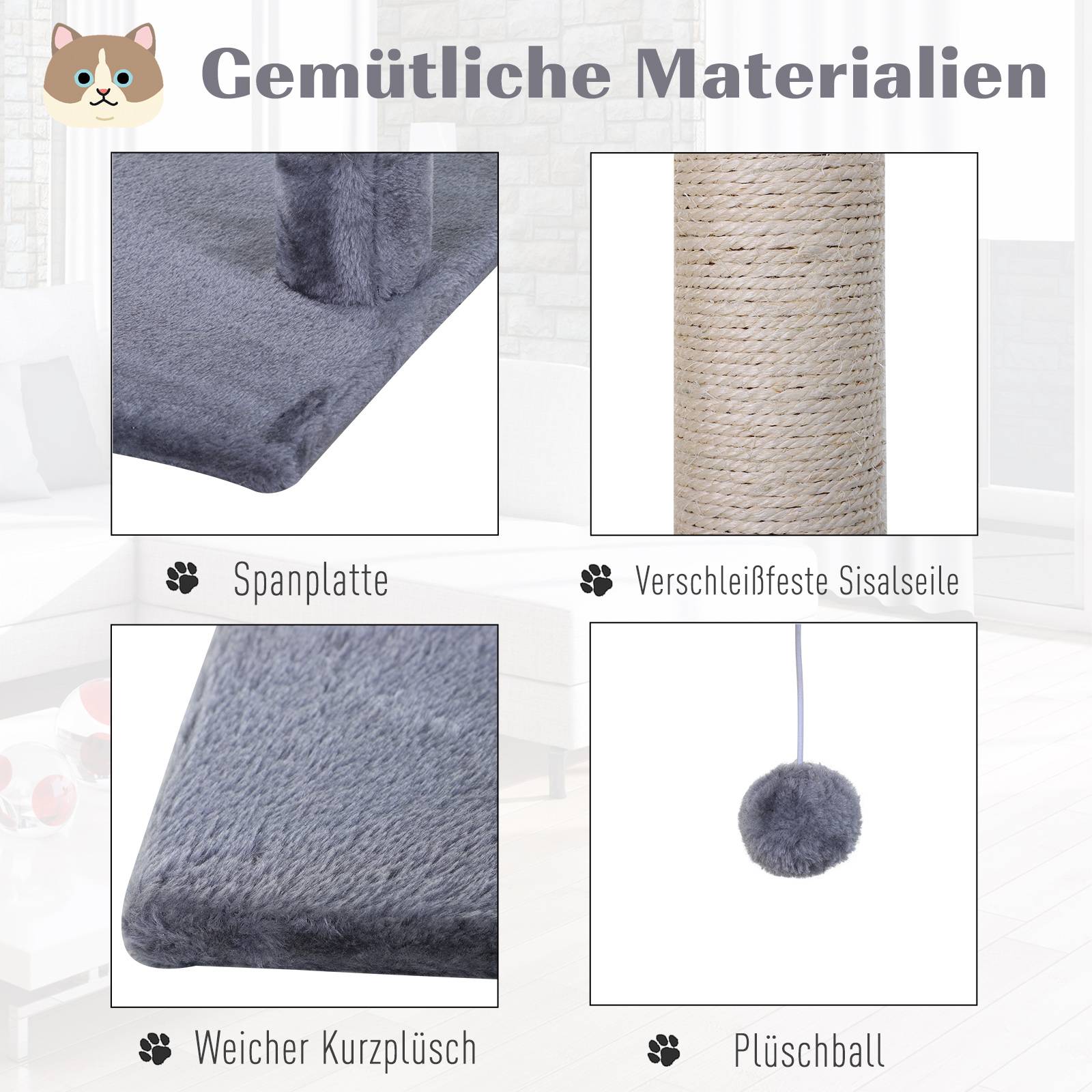 Arbre à chat PawHut 70 cm, tour avec balle en peluche, poteau sisal, grande plateforme, hamac, gris - Image 8