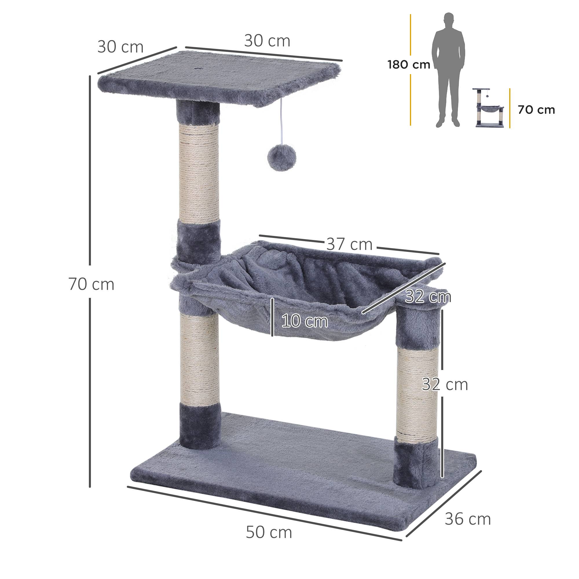 Arbre à chat PawHut 70 cm, tour avec balle en peluche, poteau sisal, grande plateforme, hamac, gris - Image 5