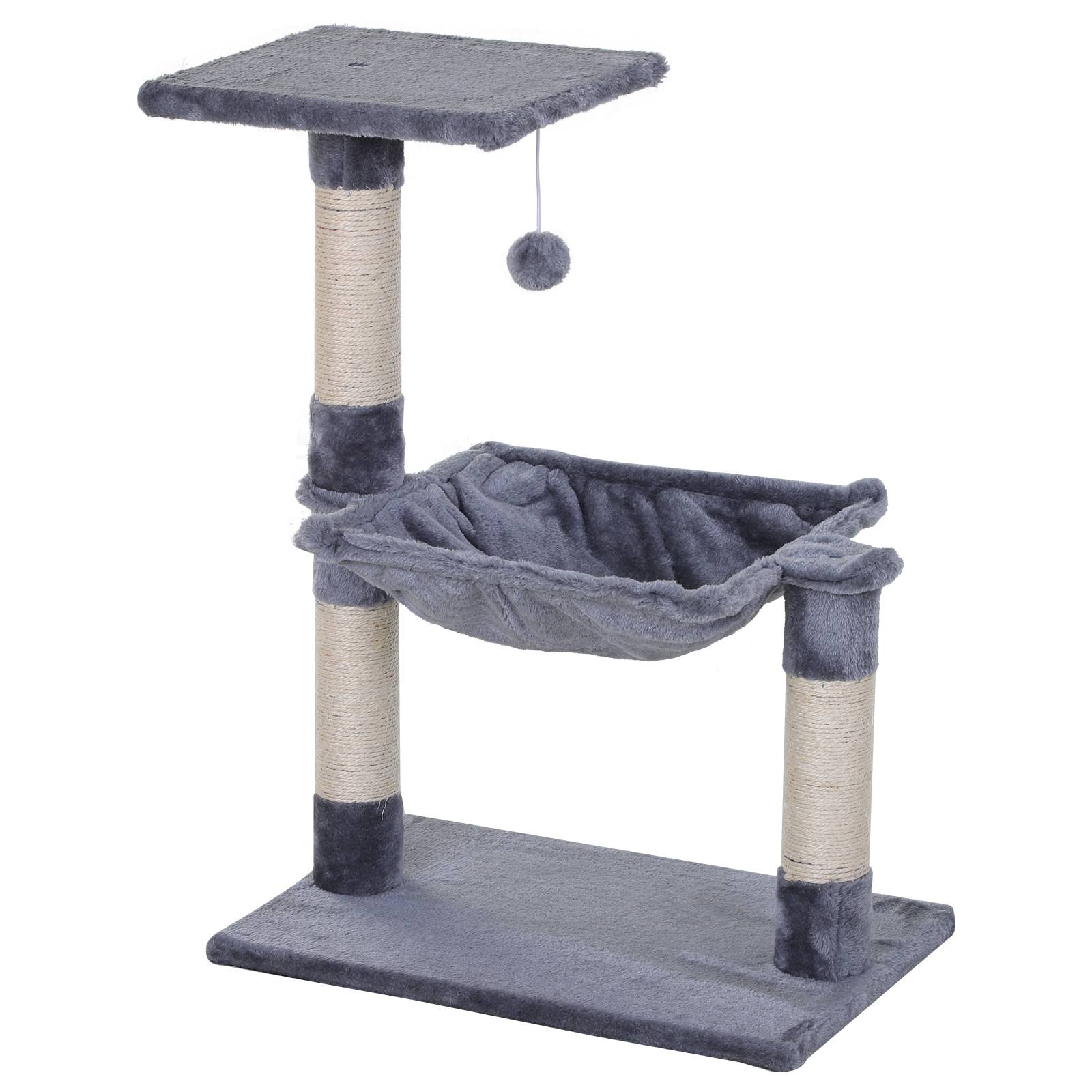 Arbre à chat PawHut 70 cm, tour avec balle en peluche, poteau sisal, grande plateforme, hamac, gris - Image 2