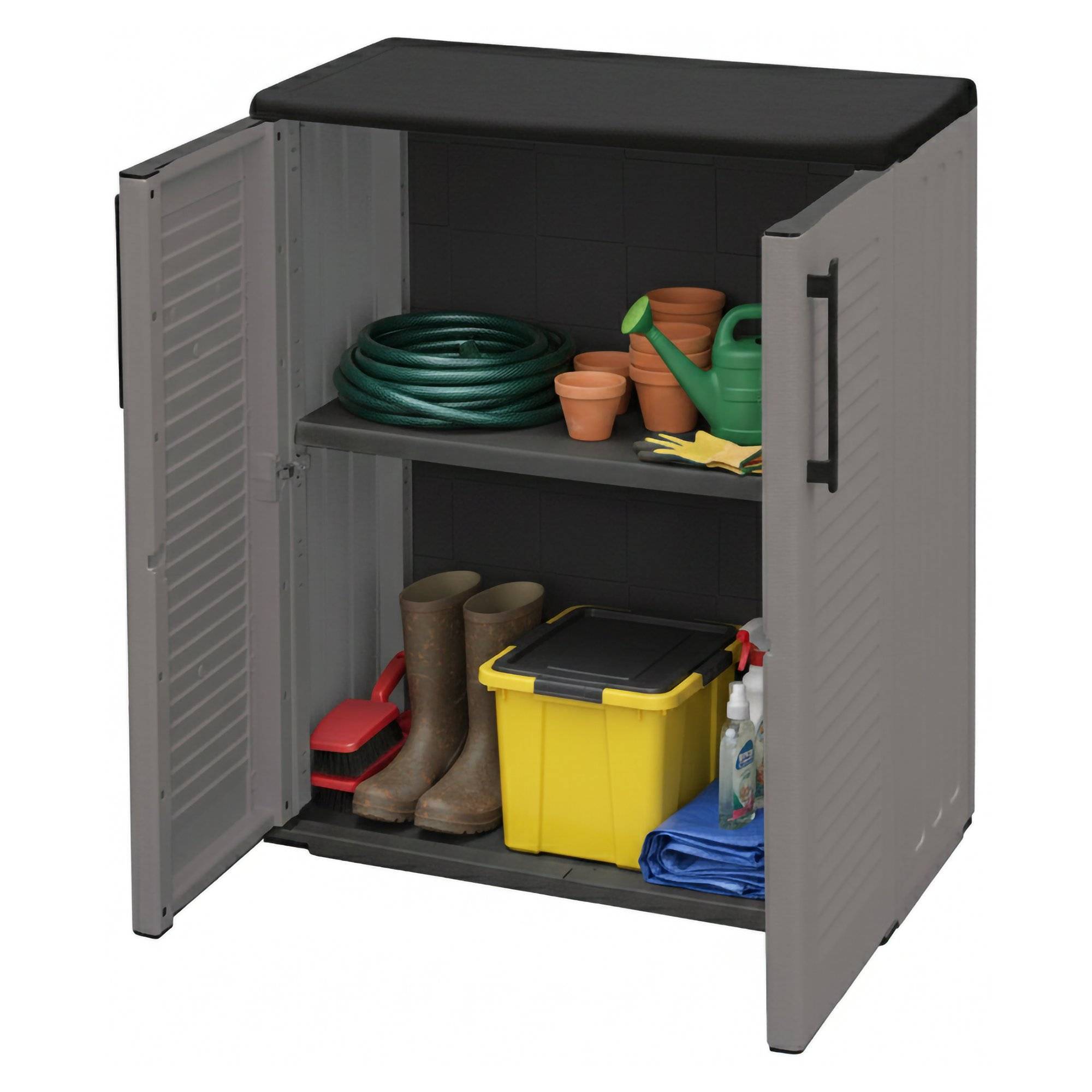 Dmora - Armoire d'extérieur Dbavagnol, Armoire de balcon polyvalente, Armoire d'extérieur avec 2 portes, 68x37h84 cm, Finition rayée, Gris et Noir - Dmora - Imagen 1