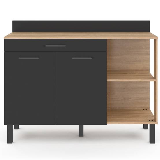 Buffet bas de cuisine 120 CM CINA plan de travail H.83 cm 2 portes + tiroir façon hêtre et noir - Image 3