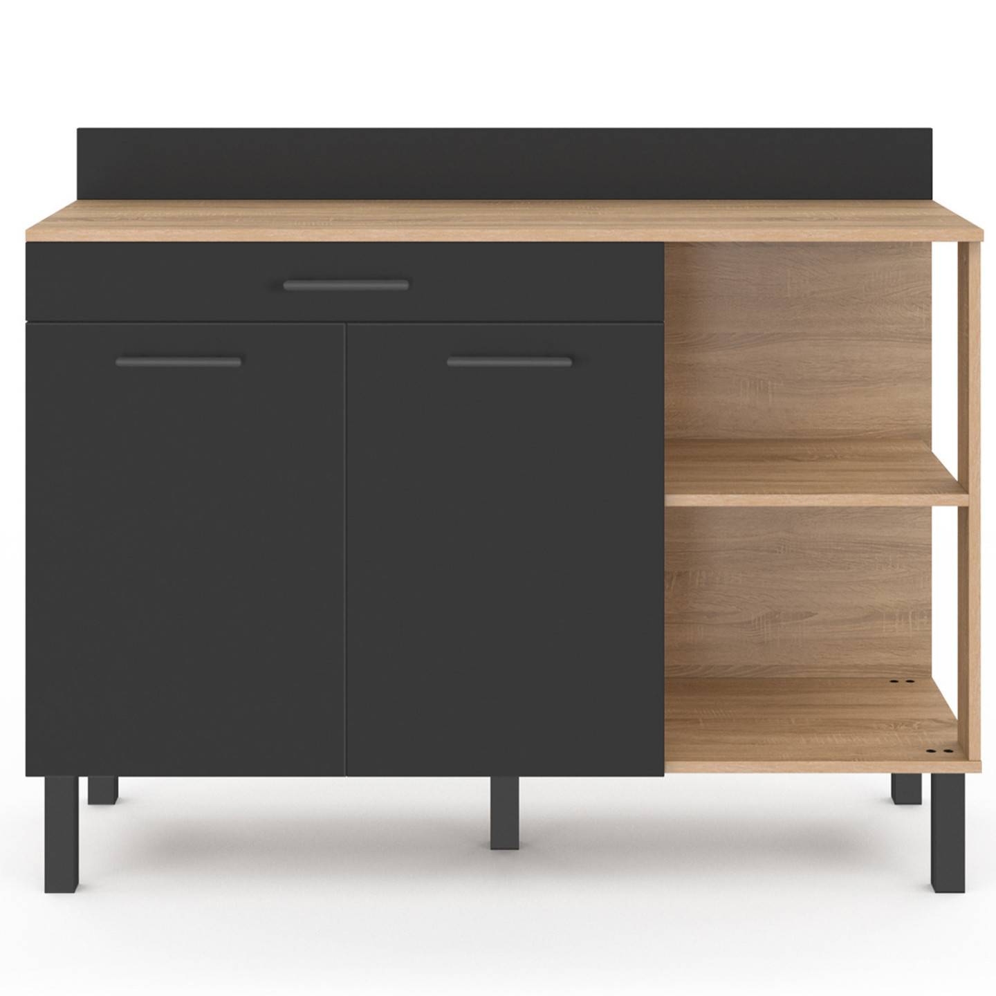 Buffet bas de cuisine 120 CM CINA plan de travail H.83 cm 2 portes + tiroir façon hêtre et noir - Image 3