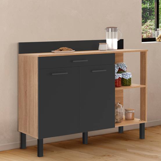 Buffet bas de cuisine 120 CM CINA plan de travail H.83 cm 2 portes + tiroir façon hêtre et noir - Image 1