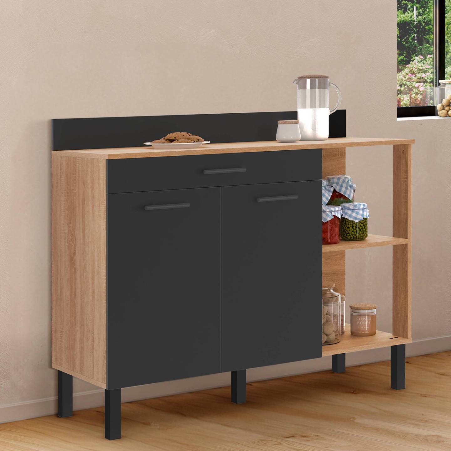 Buffet bas de cuisine 120 CM CINA plan de travail H.83 cm 2 portes + tiroir façon hêtre et noir - Image 1