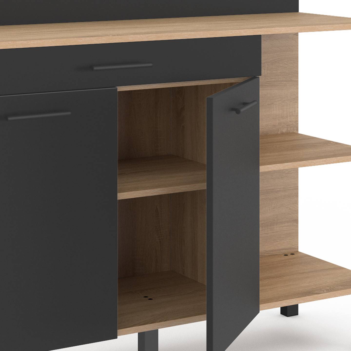 Buffet bas de cuisine 120 CM CINA plan de travail H.83 cm 2 portes + tiroir façon hêtre et noir - Image 6
