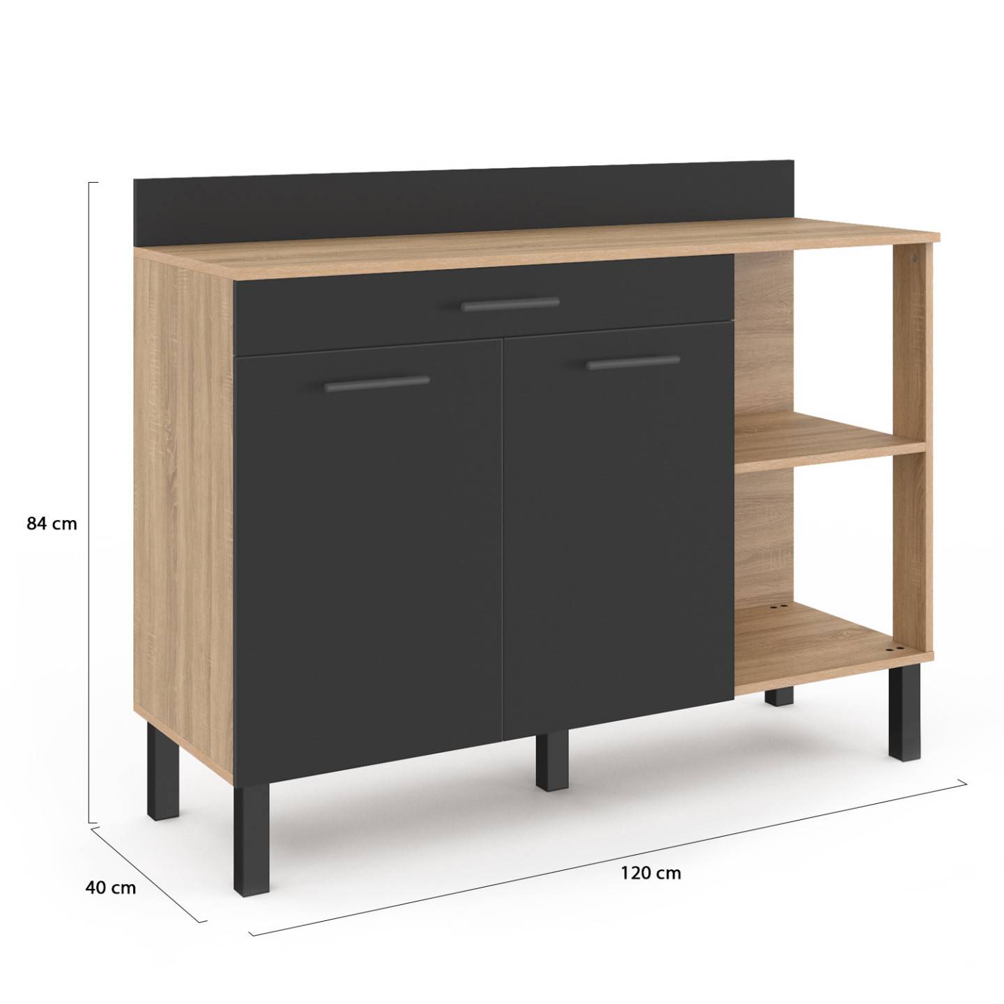 Buffet bas de cuisine 120 CM CINA plan de travail H.83 cm 2 portes + tiroir façon hêtre et noir - Image 5