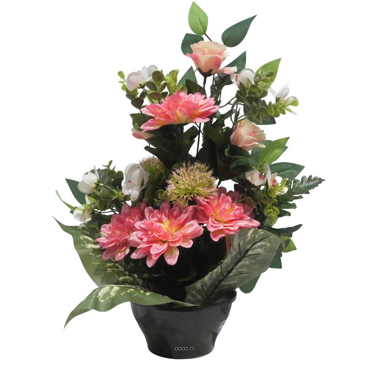 Artificielles - Vasque de Dahlia, Rose, Mini fleurs, Chardon et Ficus Rose artificiels - Toussaint - couleur: Rose - Imagen 1