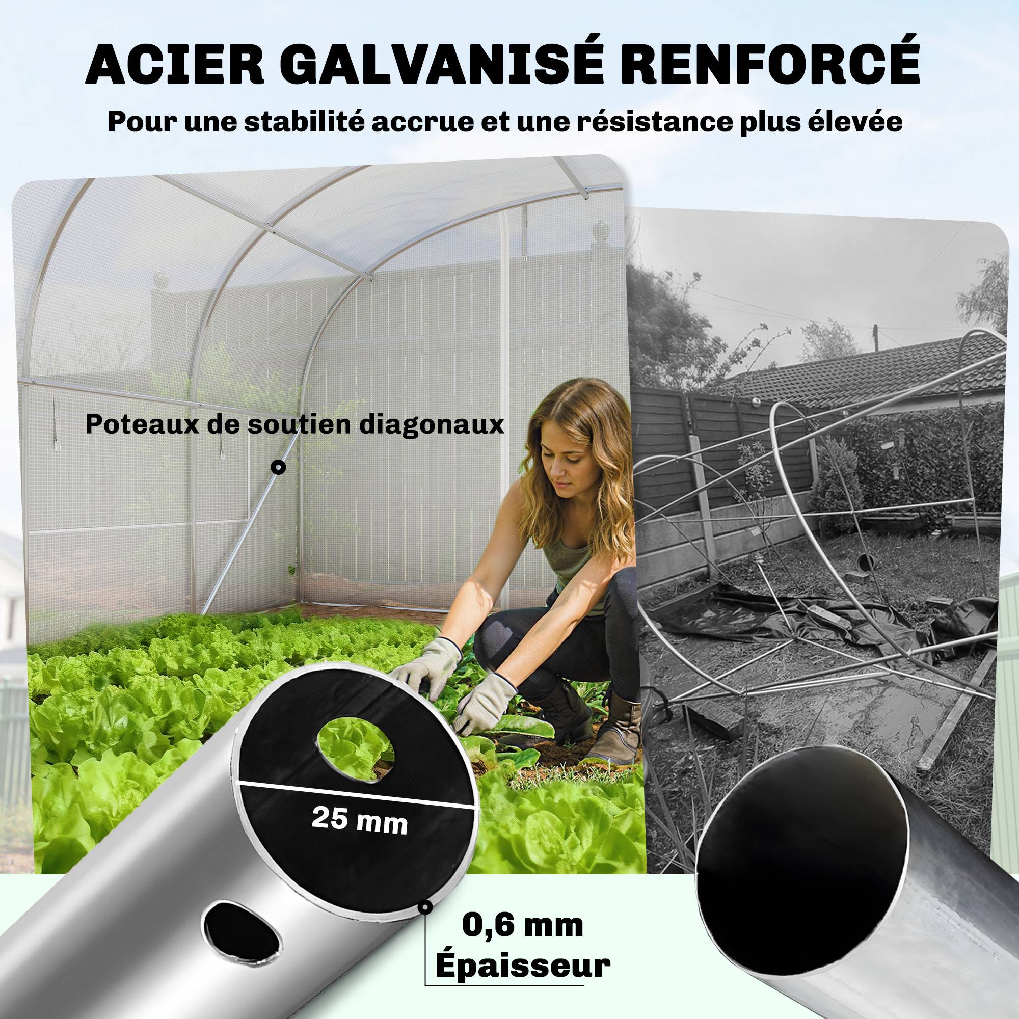 Serre tunnel de jardin 24m², serre de jardin tunnel avec cadre en acier galvanisé, portes et 2 grandes fenêtres, blanc - Image 6