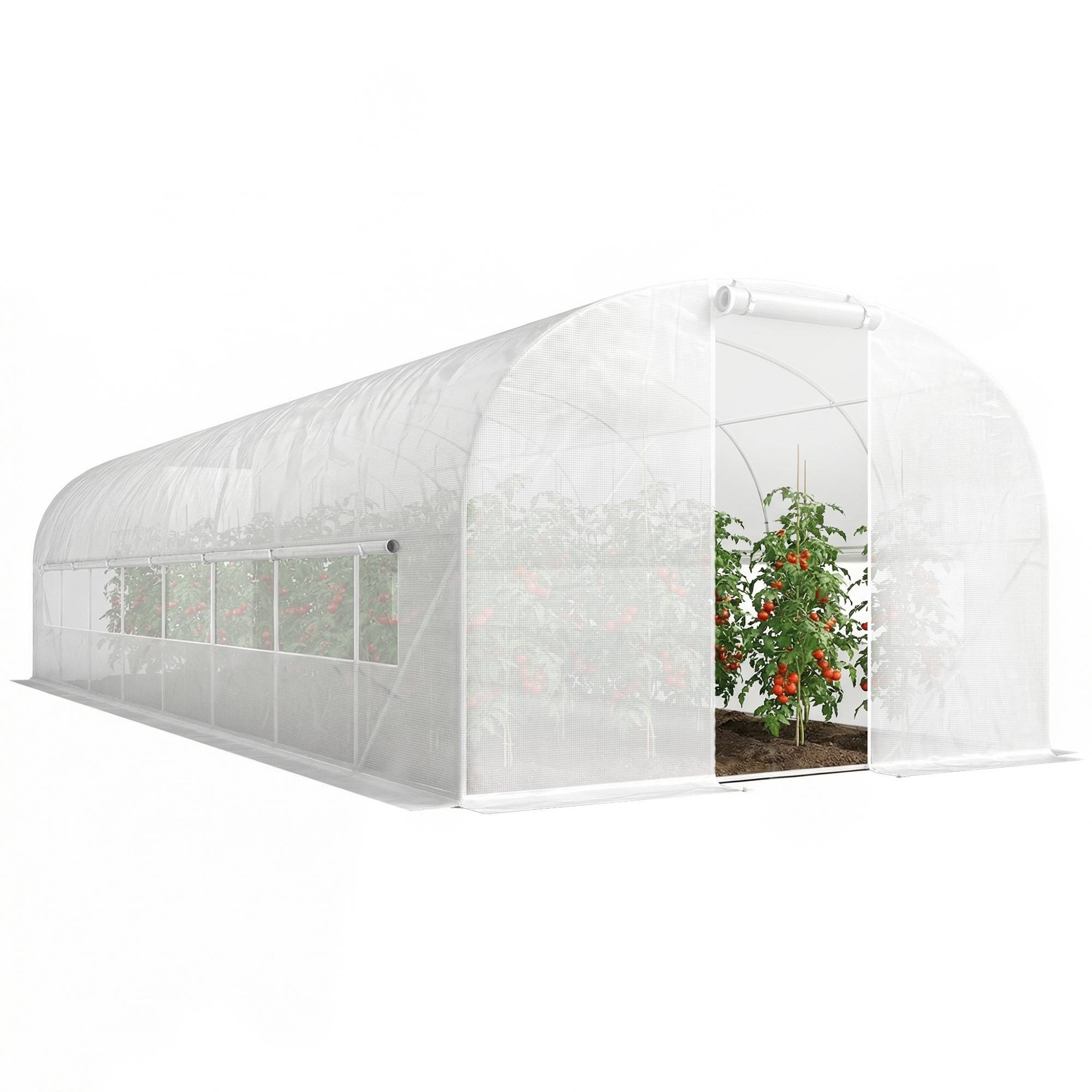 Serre tunnel de jardin 24m², serre de jardin tunnel avec cadre en acier galvanisé, portes et 2 grandes fenêtres, blanc - Image 1