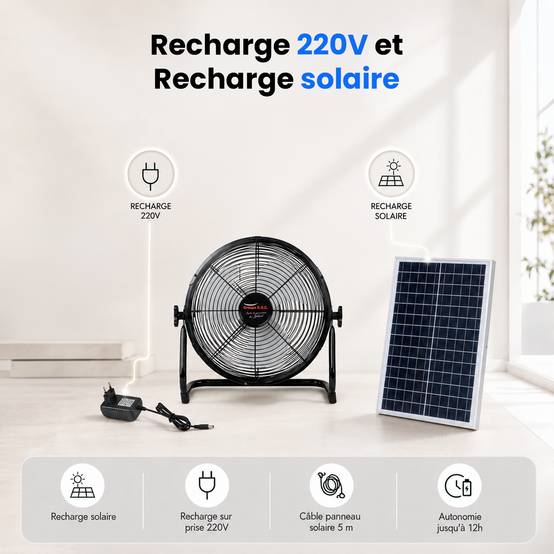 Ventilateur de Table Solaire Silencieux - 3 Vitesses - Recharge USB et Solaire - Autonomie 12h - Compact Portable - Groupe DDC - Image 6