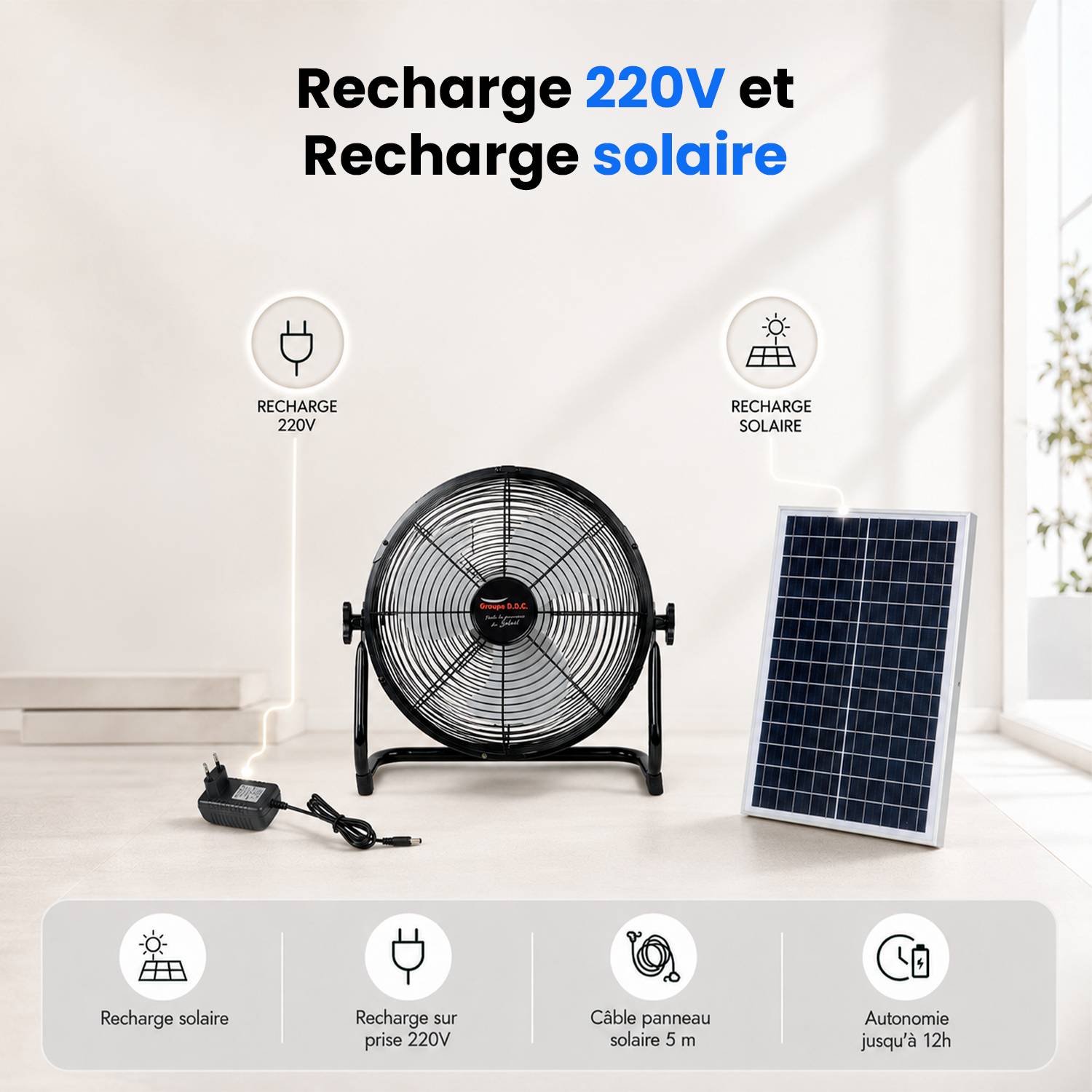 Ventilateur de Table Solaire Silencieux - 3 Vitesses - Recharge USB et Solaire - Autonomie 12h - Compact Portable - Groupe DDC - Image 6