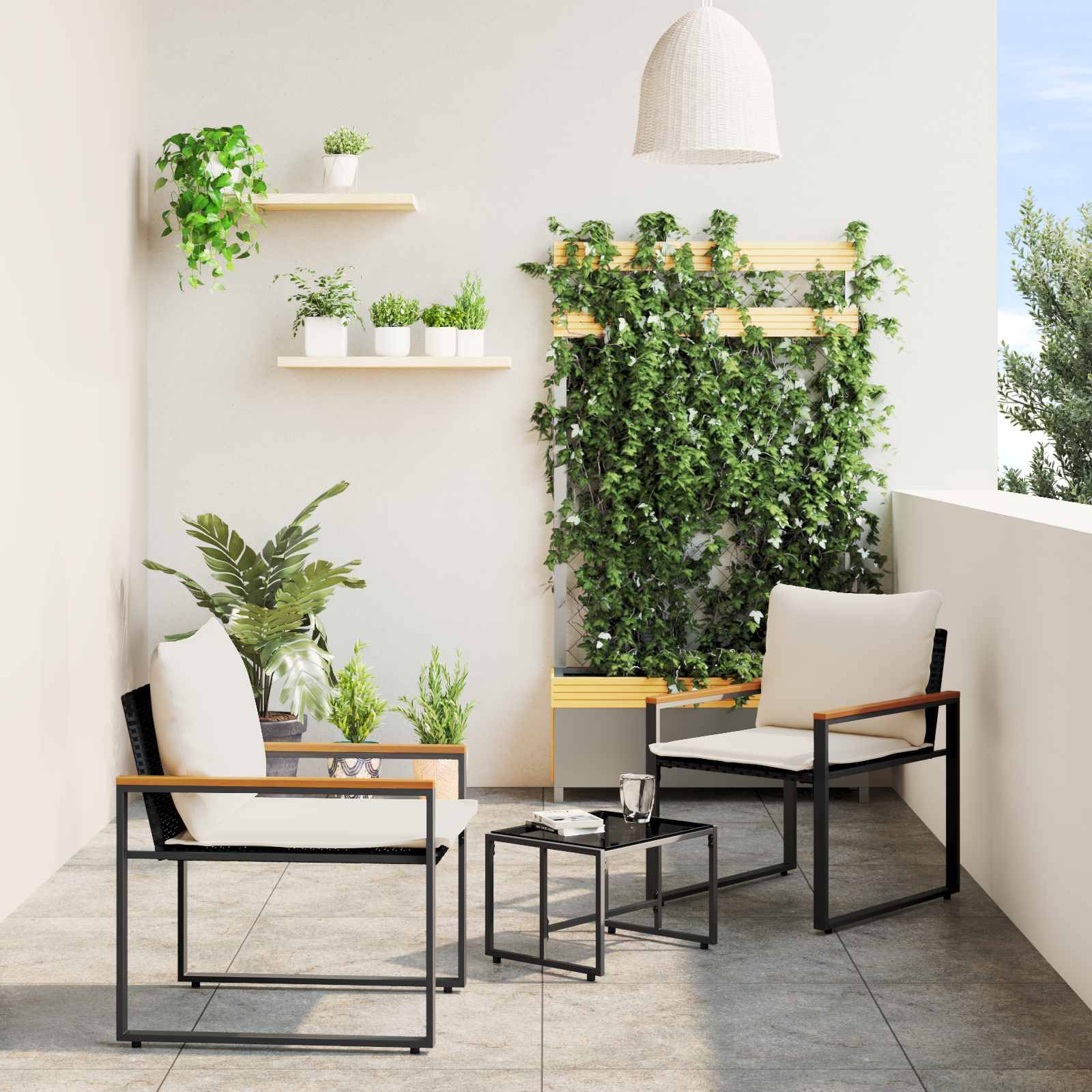ComfortXL - Petit Salon de Jardin 3 Pcs Rotin & Acier Coussins Mousse Mémoire pour Balcons ou Patios Noir & Crème – ComfortXL Outdoor Living - Image 1