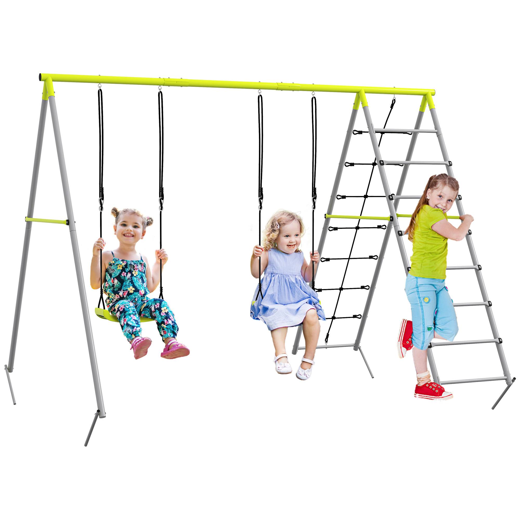 4 en 1 balançoire portique pour enfant avec 2 siège de balançoire échelle grimpeuse et filet d'escalade vert - Image 1
