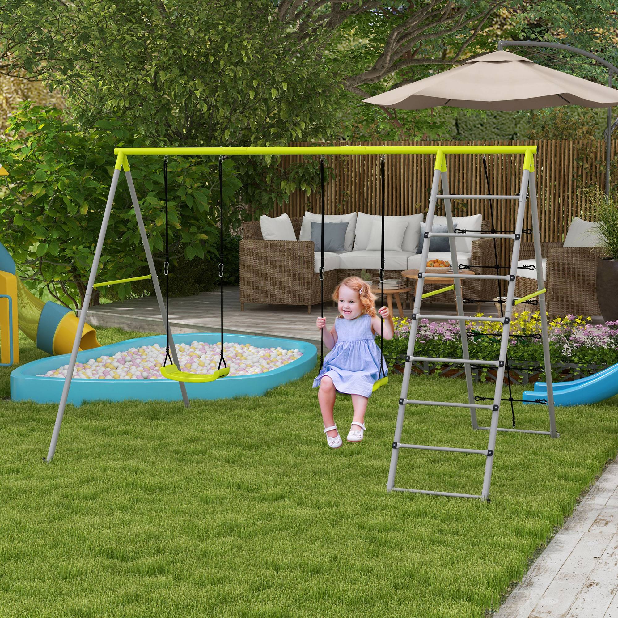 4 en 1 balançoire portique pour enfant avec 2 siège de balançoire échelle grimpeuse et filet d'escalade vert - Image 4