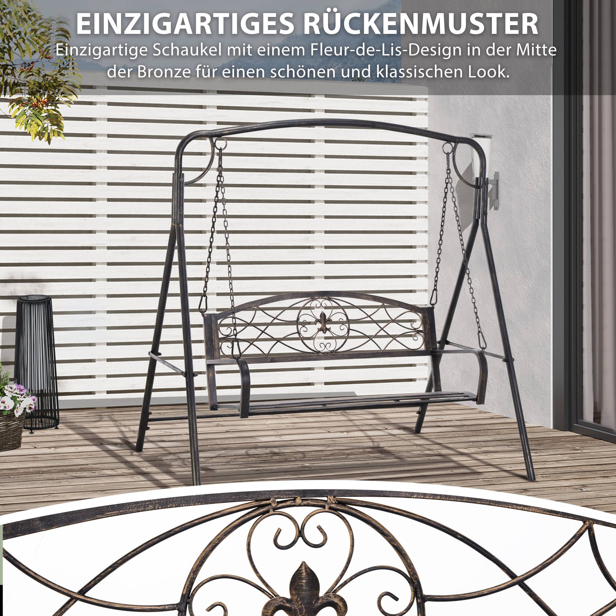 Banc à bascule métal jardin 2 places design vintage laiton 167x123x175cm - ComfortXL Outdoor Living - Image 7