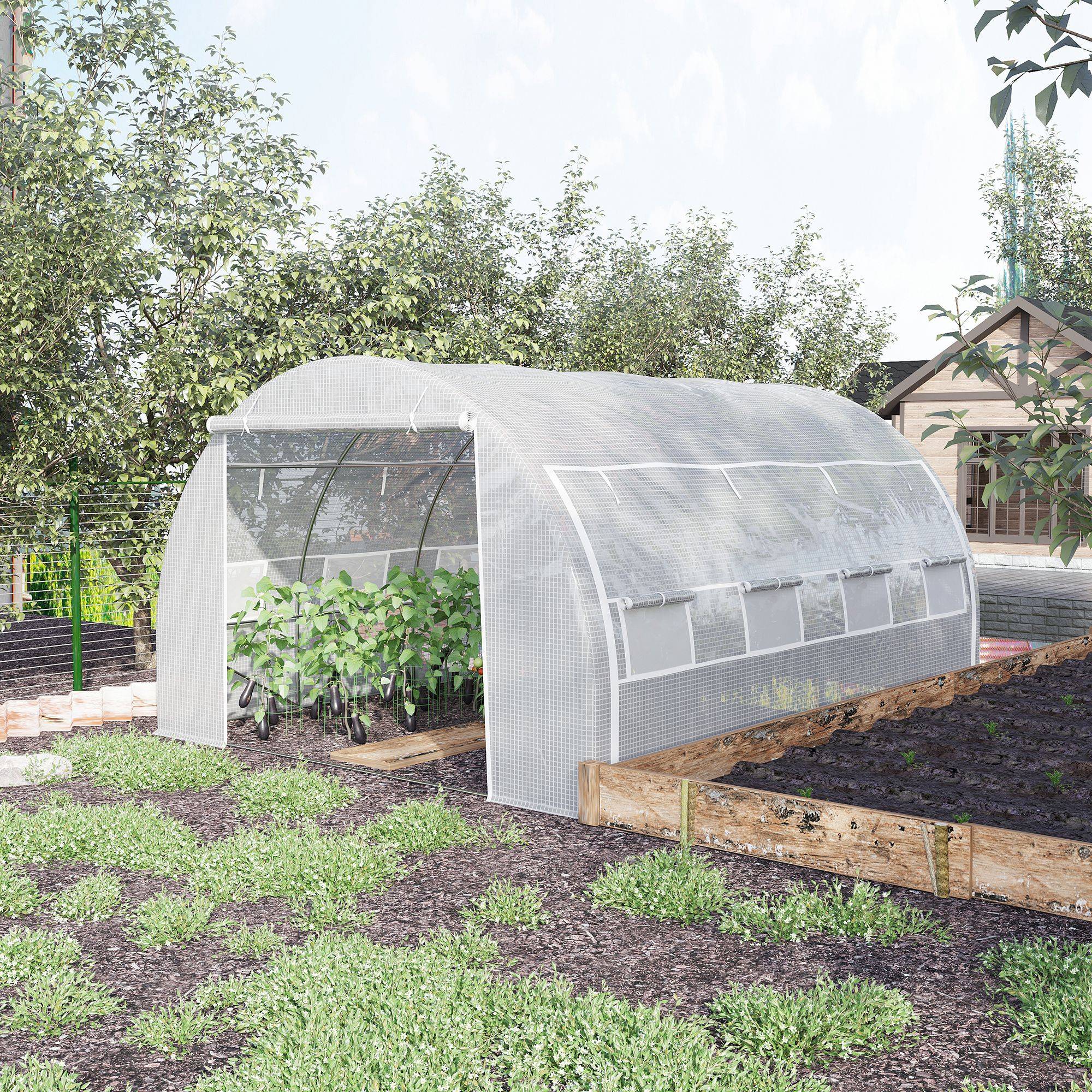 Outsunny - Serre de jardin 12 m² (4x3x2H m) avec porte + parois latérales zippées, 8 fenêtres, acier PE 140g/m² Anti-UV blanc - Outsunny - Image 2