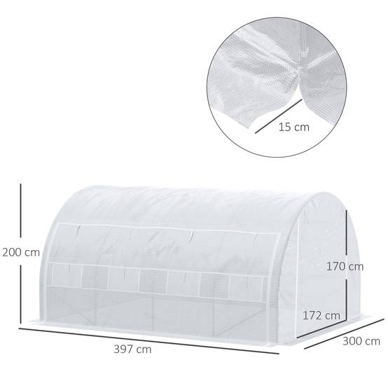 Outsunny - Serre de jardin 12 m² (4x3x2H m) avec porte + parois latérales zippées, 8 fenêtres, acier PE 140g/m² Anti-UV blanc - Outsunny - Image 3
