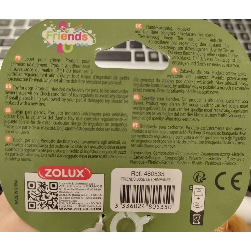 Zolux - Chimpancé José L Juguete sonoro para perros grandes - Imagen 4
