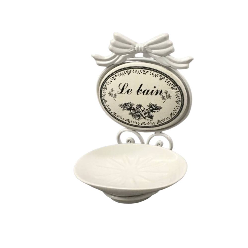 Porte savon en fer et porcelaine blanche 19 x 13 cm Chemin de campagne