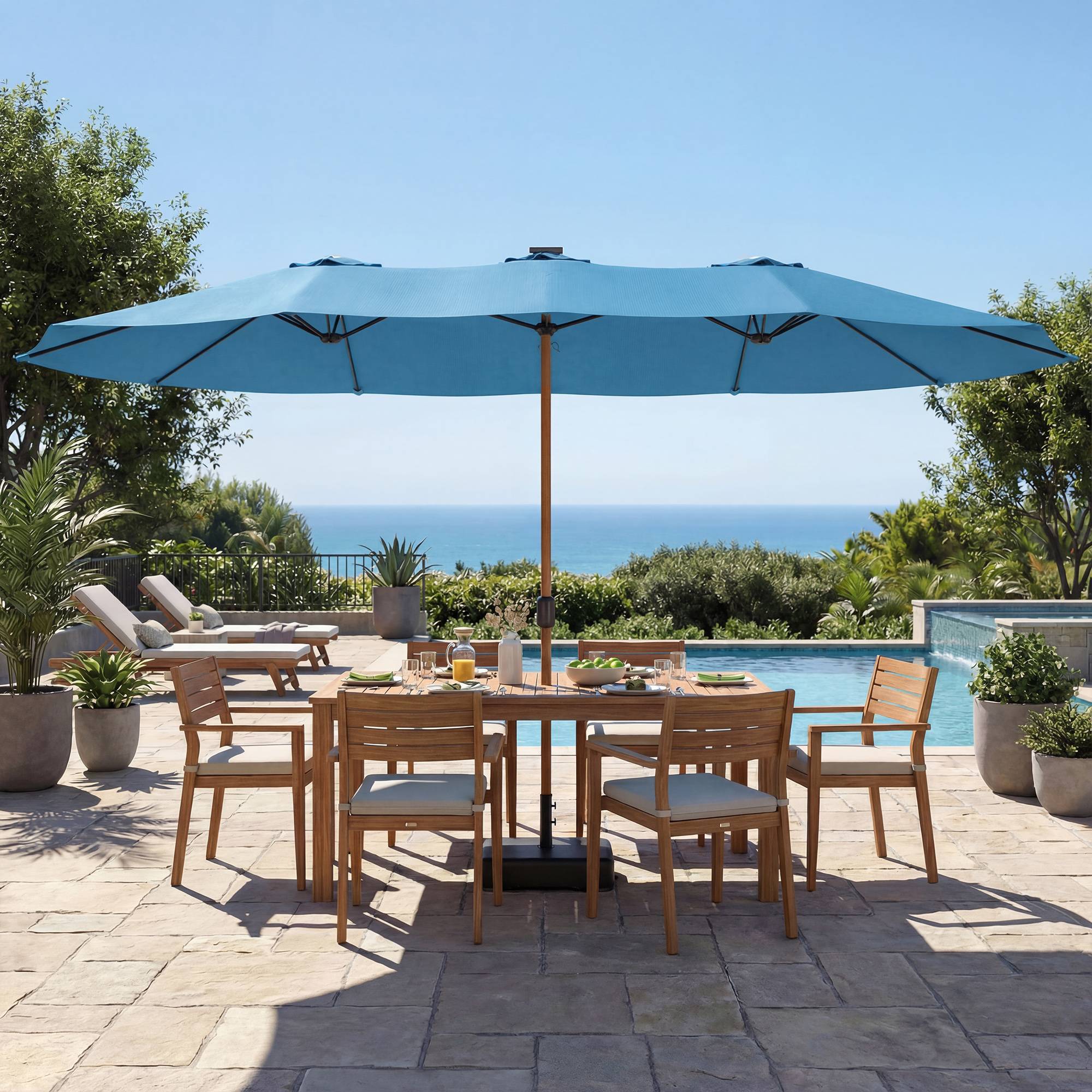 Parasol de jardin double 5x3 m parasol d'extérieur avec base - Polyester Bleu fr245 - Image 3