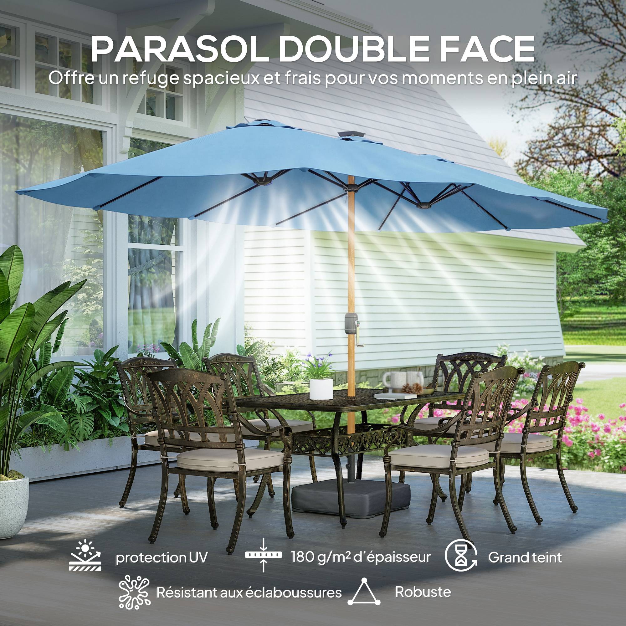 Parasol de jardin double 5x3 m parasol d'extérieur avec base - Polyester Bleu fr245 - Image 6