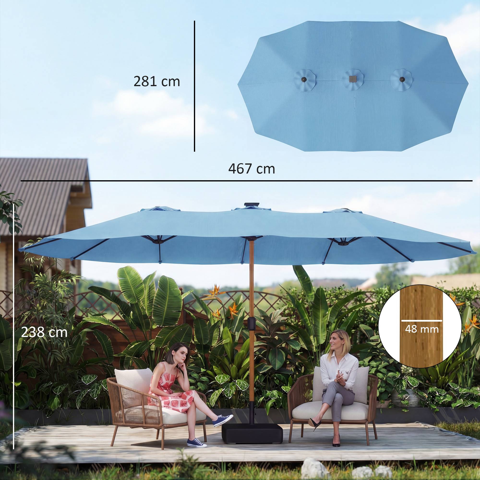Parasol de jardin double 5x3 m parasol d'extérieur avec base - Polyester Bleu fr245 - Image 5