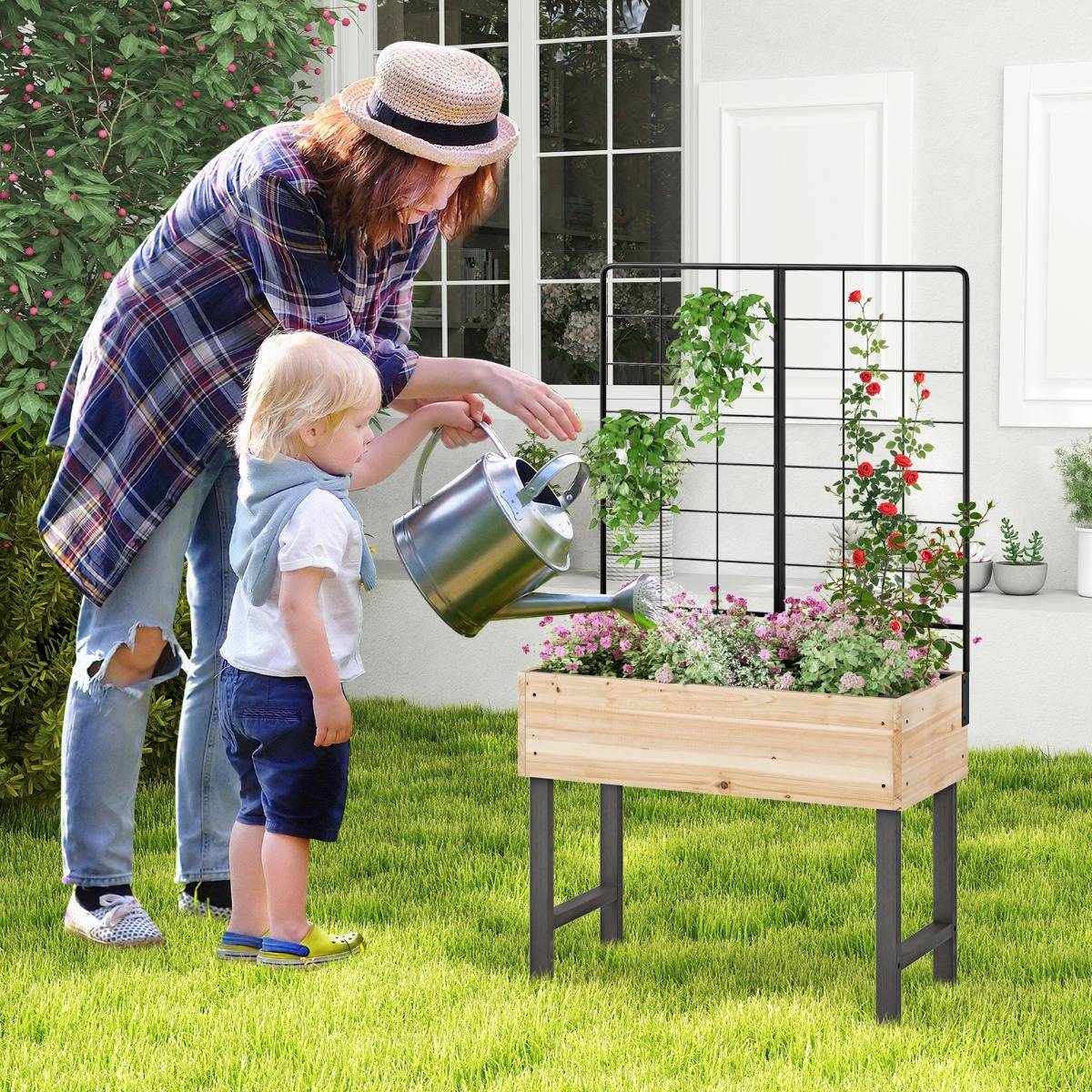 Jardinière Surélevée avec Treillis Métallique Bac à Plantes Élevé en Bois avec Pieds pour Plante Grimpante Vigne Fleur Herbe Légume Fruit F306R - Image 3