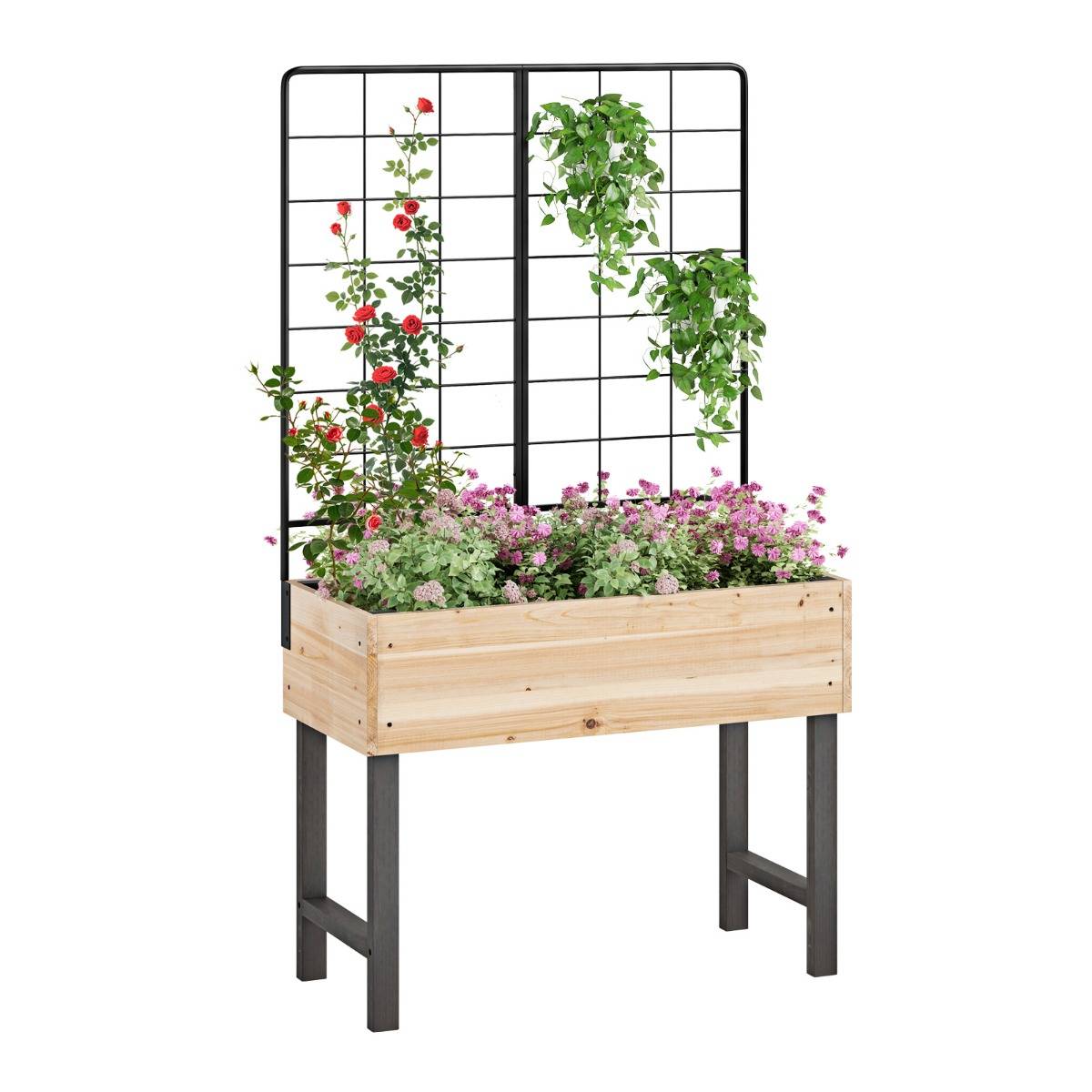 Jardinière Surélevée avec Treillis Métallique Bac à Plantes Élevé en Bois avec Pieds pour Plante Grimpante Vigne Fleur Herbe Légume Fruit F306R - Image 1