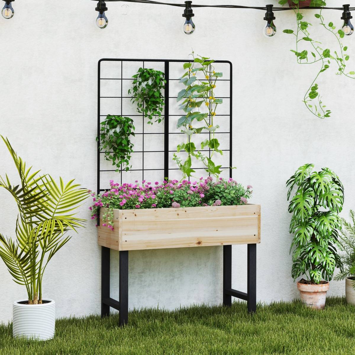 Jardinière Surélevée avec Treillis Métallique Bac à Plantes Élevé en Bois avec Pieds pour Plante Grimpante Vigne Fleur Herbe Légume Fruit F306R - Image 2