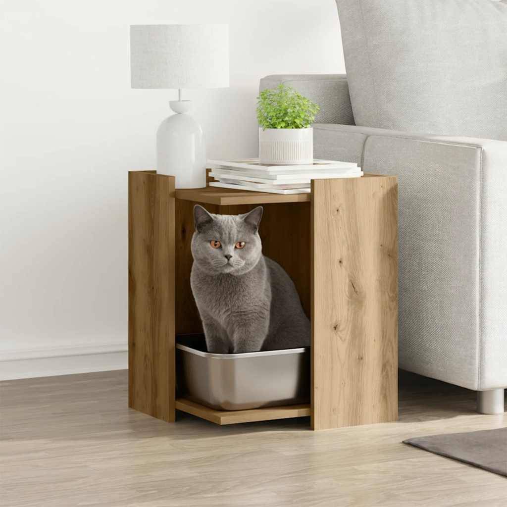Meuble de bac à litière pour chat bois d'ingénierie chêne artisanal 42 x 42 x 51 cm - PANGIVO - Image 1