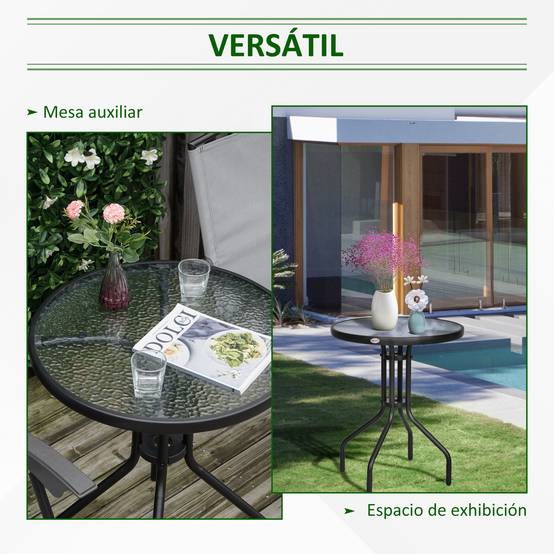Table de jardin ronde métal et verre trempé pour balcon Ø60x70 cm noir - ComfortXL Outdoor Living - Image 7