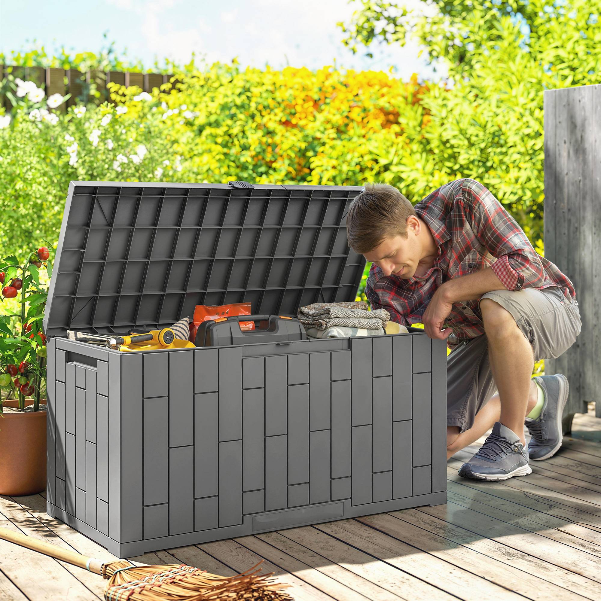 Coffre de jardin 227L résine effet bois gris terrasse étanche 106x43x54cm - ComfortXL Outdoor Living - Image 4