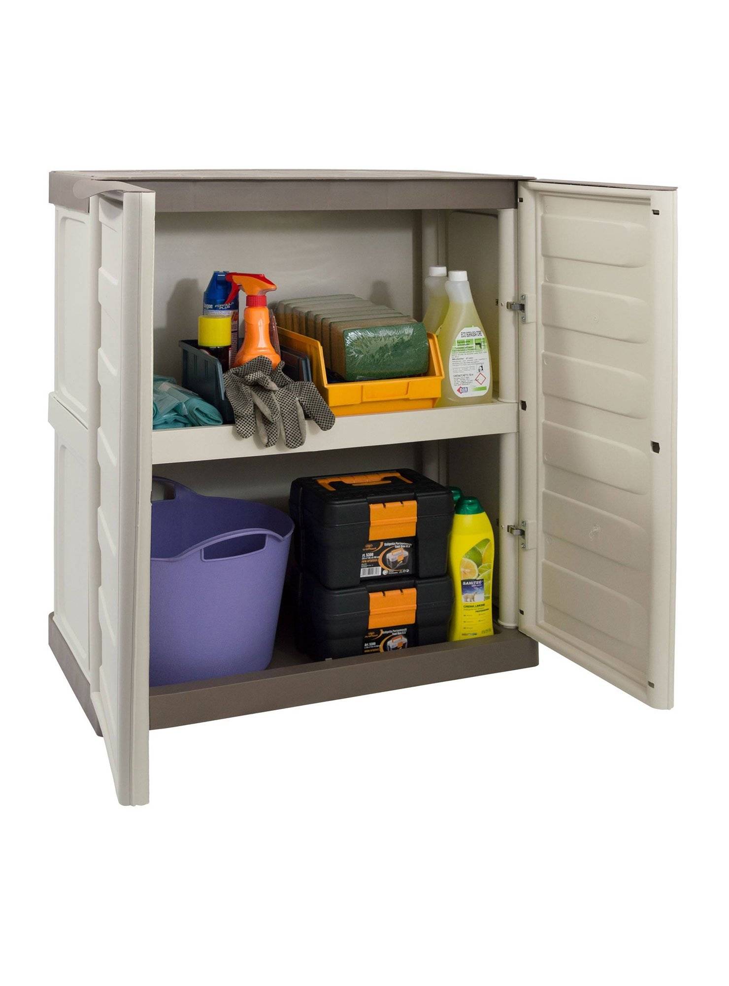 Dmora - Armoire d'extérieur Dambrosi, Armoire de balcon polyvalente, Mobilier d'extérieur avec 2 portes, Beige et Marron, 70x39h86 cm, Finition rayée - Dmora - Image 5