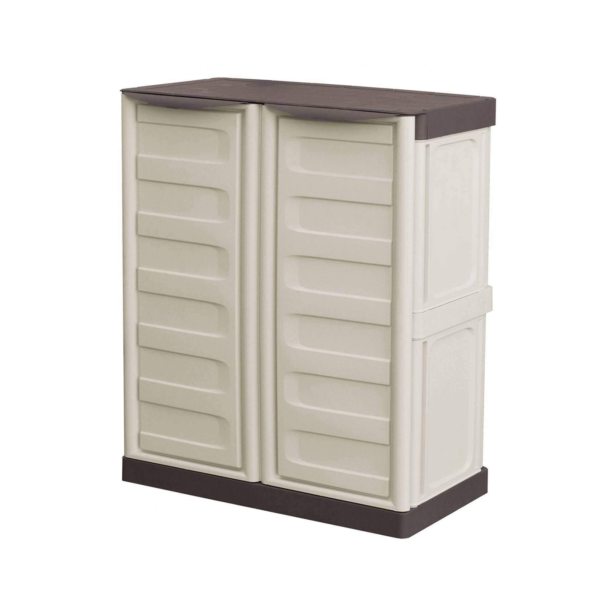 Dmora - Armoire d'extérieur Dambrosi, Armoire de balcon polyvalente, Mobilier d'extérieur avec 2 portes, Beige et Marron, 70x39h86 cm, Finition rayée - Dmora - Image 1