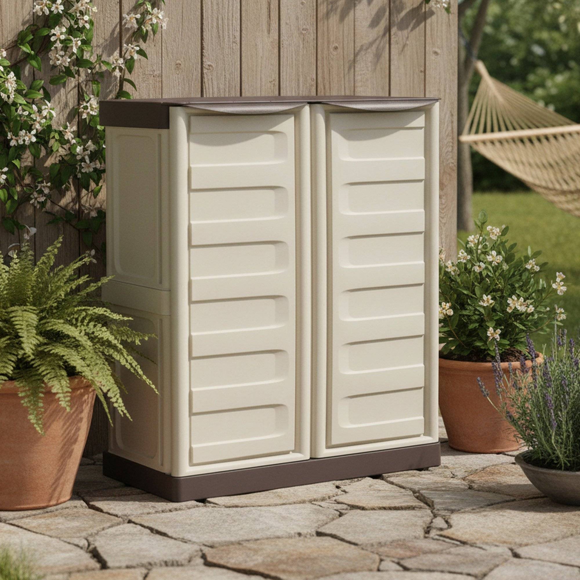 Dmora - Armoire d'extérieur Dambrosi, Armoire de balcon polyvalente, Mobilier d'extérieur avec 2 portes, Beige et Marron, 70x39h86 cm, Finition rayée - Dmora - Imagen 2