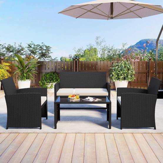 Ensemble de Salon de Jardin en Rotin PE 4 Pièces Canapé 5 Places en Osier avec Fauteuils et Table Basse en Verre Trempé Blanc MAISON CHIC - Image 5