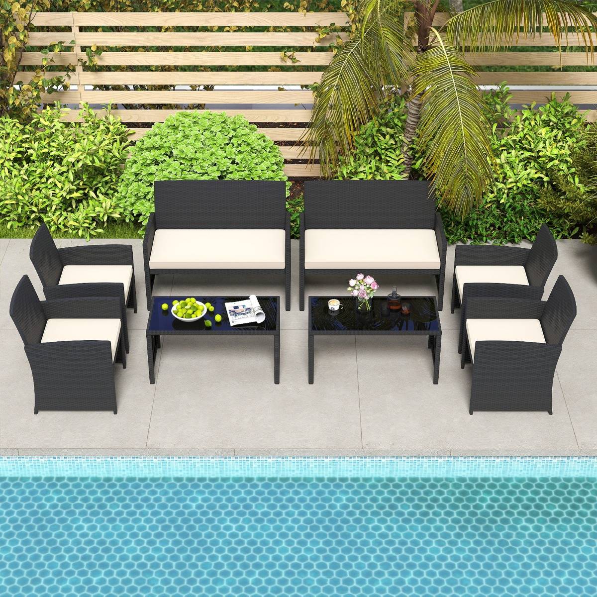 Ensemble de Salon de Jardin en Rotin PE 4 Pièces Canapé 5 Places en Osier avec Fauteuils et Table Basse en Verre Trempé Blanc MAISON CHIC - Image 6