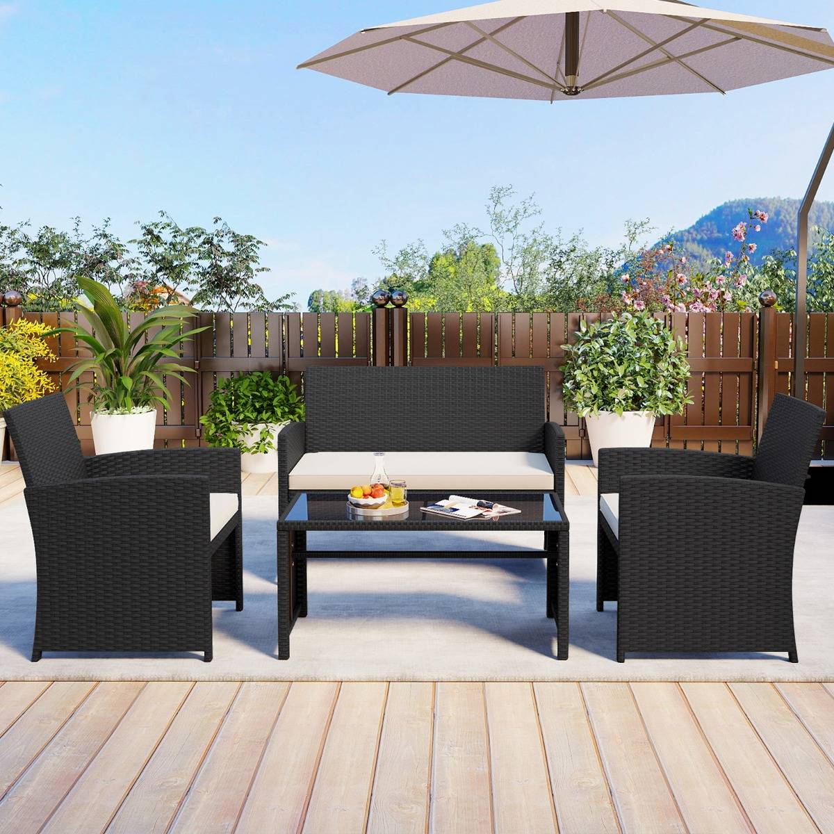 Ensemble de Salon de Jardin en Rotin PE 4 Pièces Canapé 5 Places en Osier avec Fauteuils et Table Basse en Verre Trempé Blanc MAISON CHIC - Image 2