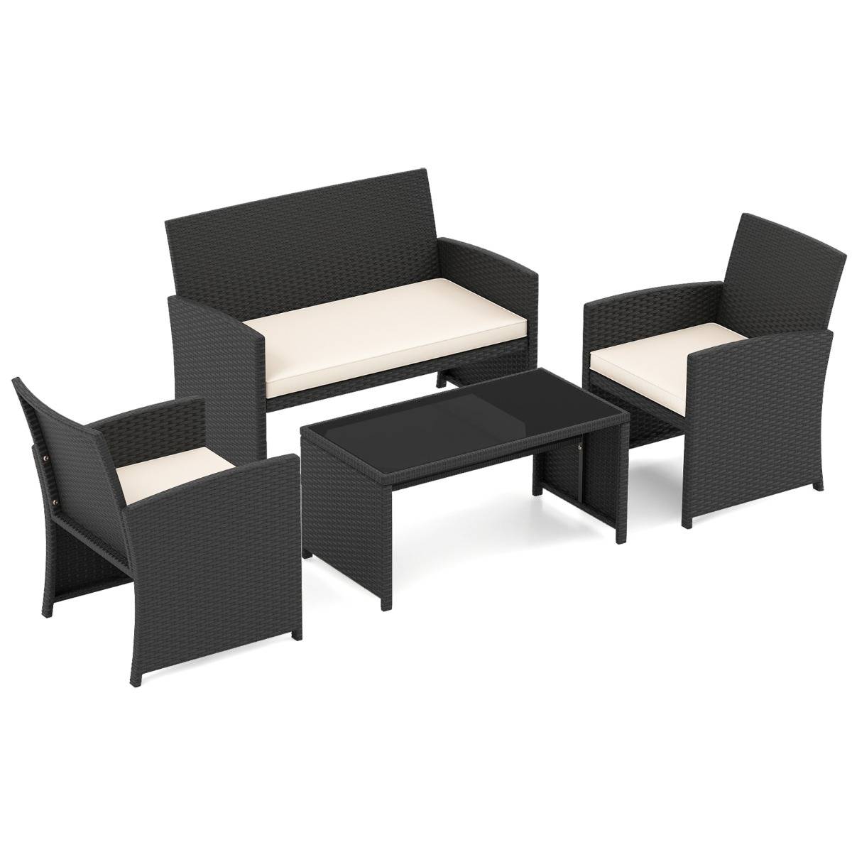 Ensemble de Salon de Jardin en Rotin PE 4 Pièces Canapé 5 Places en Osier avec Fauteuils et Table Basse en Verre Trempé Blanc MAISON CHIC - Image 8