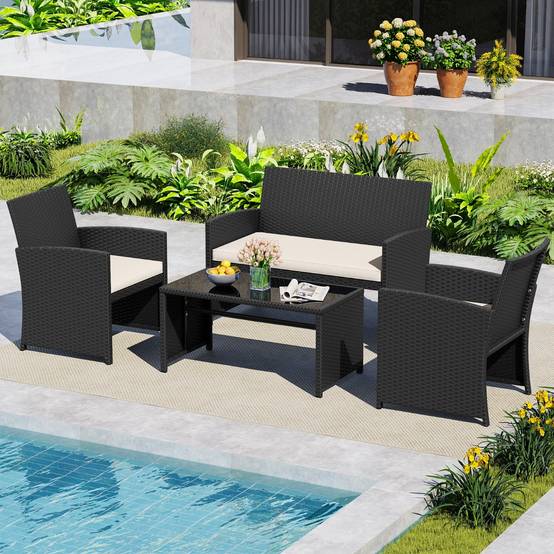 Ensemble de Salon de Jardin en Rotin PE 4 Pièces Canapé 5 Places en Osier avec Fauteuils et Table Basse en Verre Trempé Blanc MAISON CHIC - Image 4