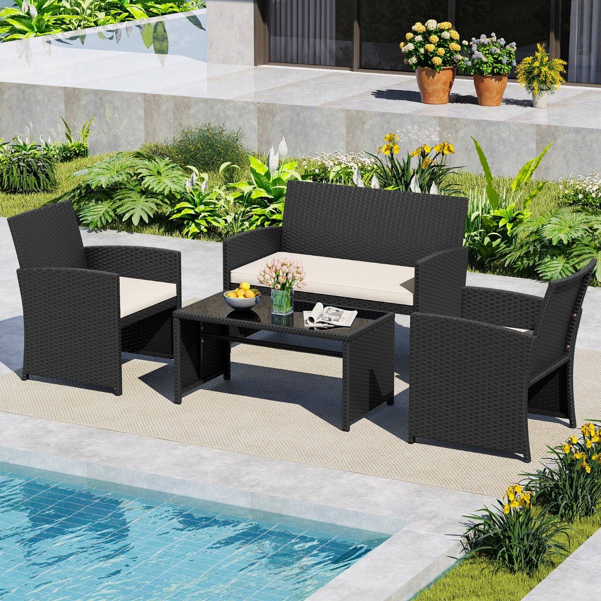 Ensemble de Salon de Jardin en Rotin PE 4 Pièces Canapé 5 Places en Osier avec Fauteuils et Table Basse en Verre Trempé Blanc MAISON CHIC - Image 4