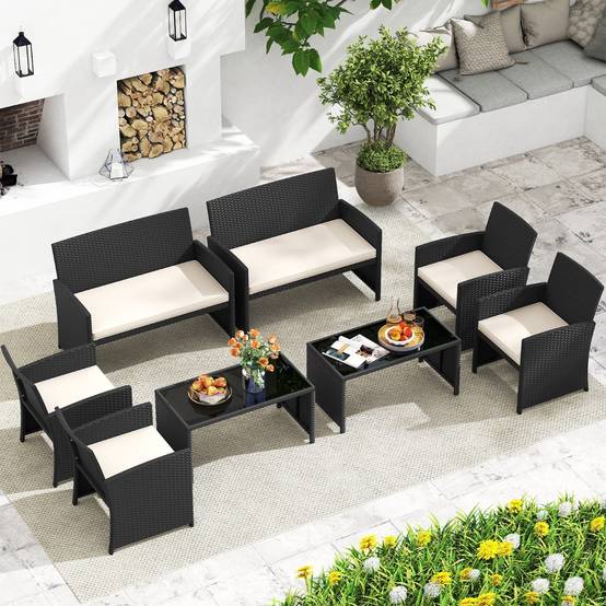 Ensemble de Salon de Jardin en Rotin PE 4 Pièces Canapé 5 Places en Osier avec Fauteuils et Table Basse en Verre Trempé Blanc MAISON CHIC - Image 7