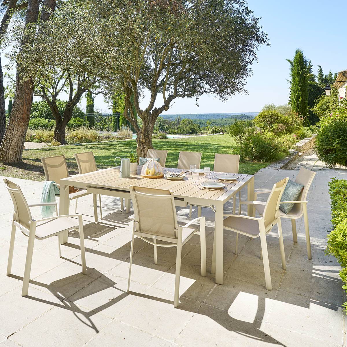 Hesperide - Table de jardin extensible carrée "Évasion" en aluminium lin et blanc traité époxy 10 places - Hespéride - Imagen 1