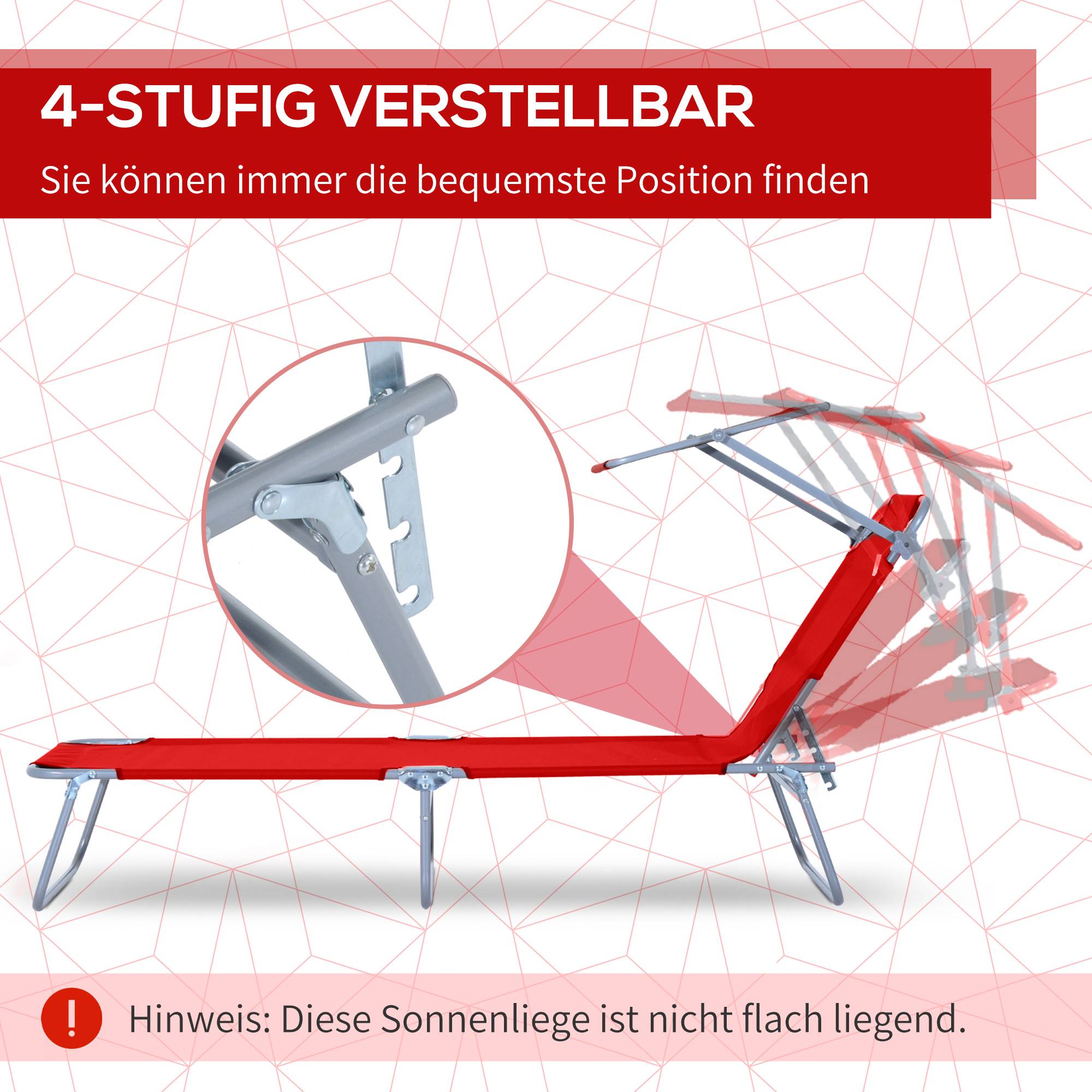 Sans Marque - Transat pliant avec auvent, dossier réglable 4 positions, chaise longue jardin résistante, charge 120 kg, plage piscine jardin, rouge - Image 6