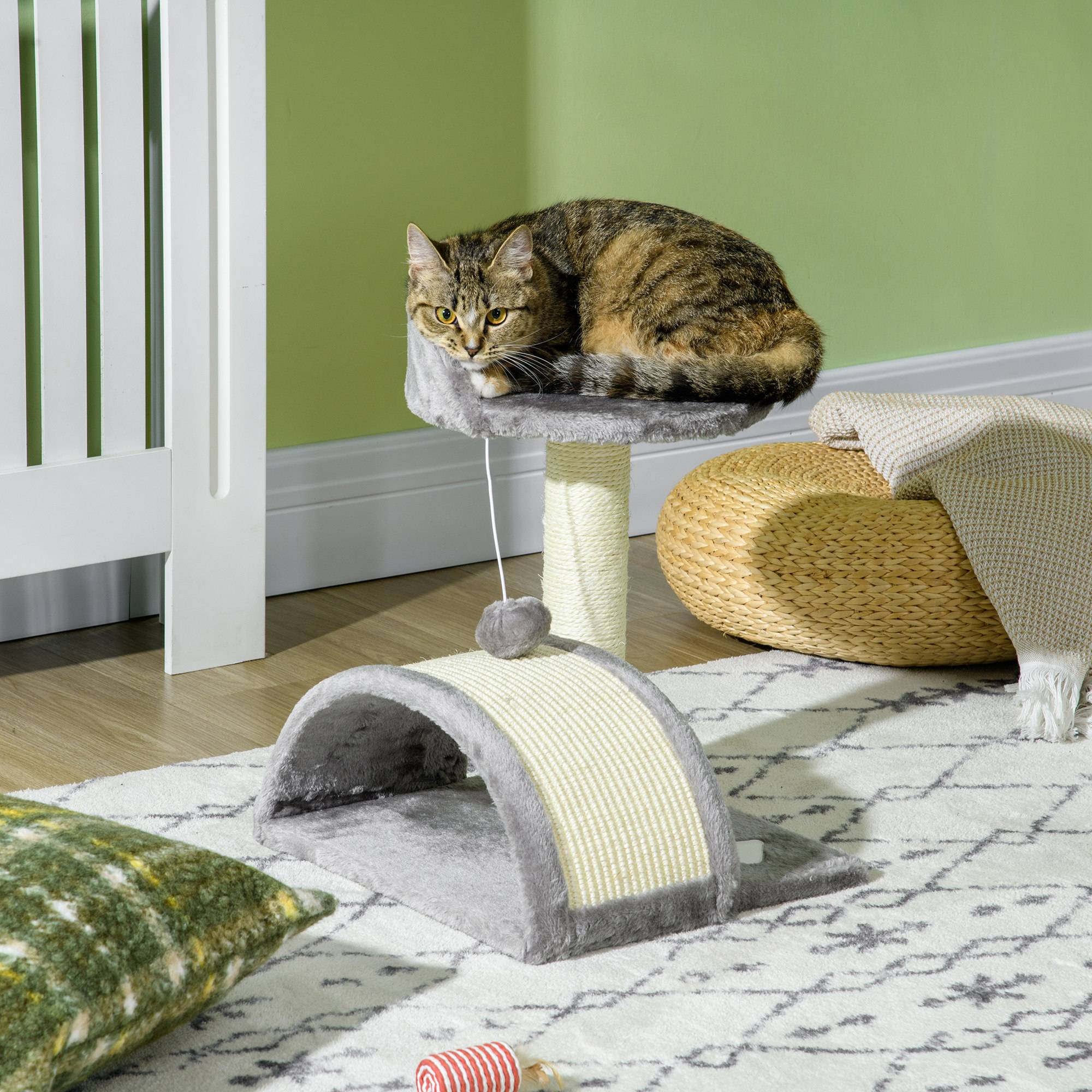 Arbre à Chat Compact pour Petits Chats Griffoir Sisal avec Plateforme et Jouet 46 cm Gris - ComfortXL Outdoor Living - Image 3