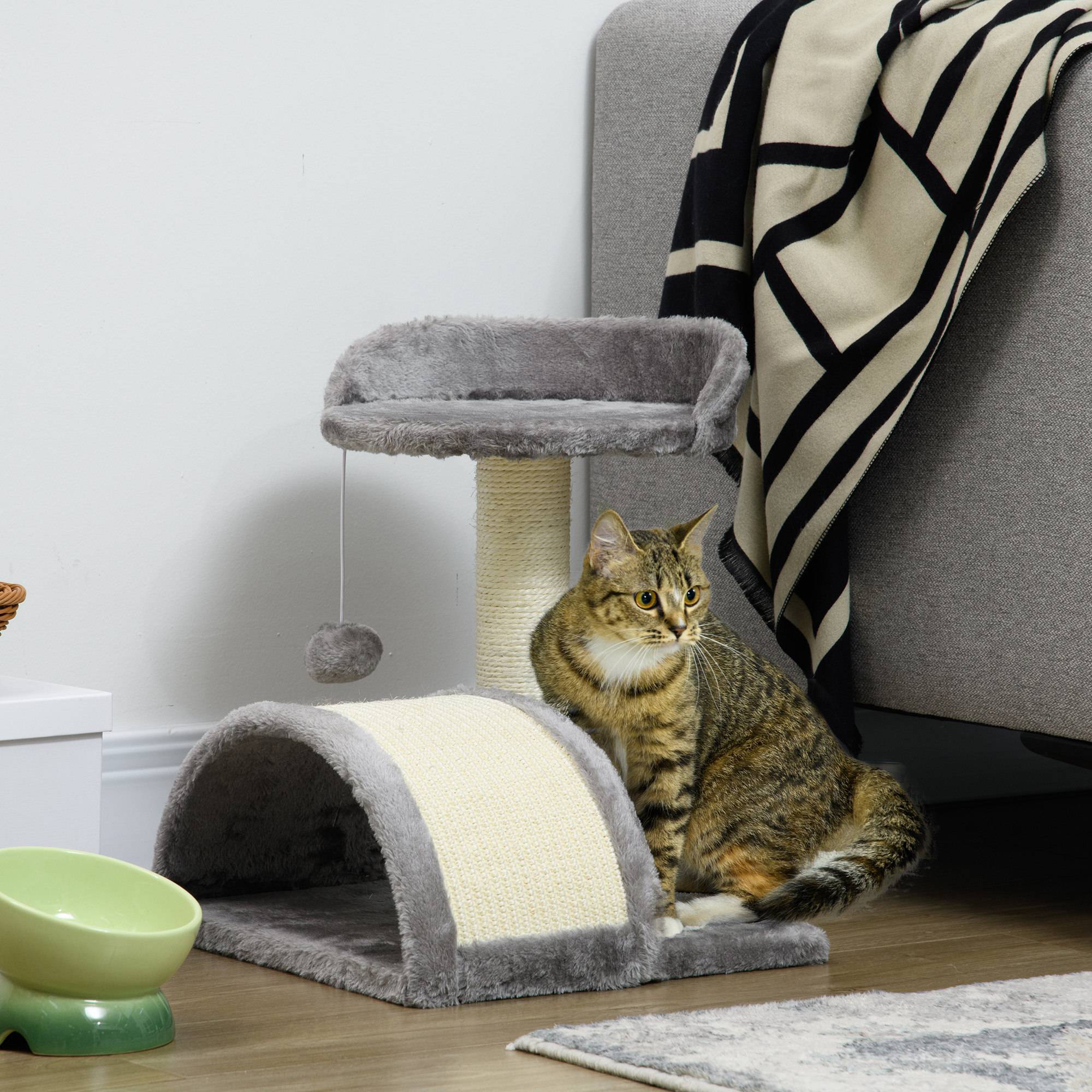 Arbre à Chat Compact pour Petits Chats Griffoir Sisal avec Plateforme et Jouet 46 cm Gris - ComfortXL Outdoor Living - Image 4