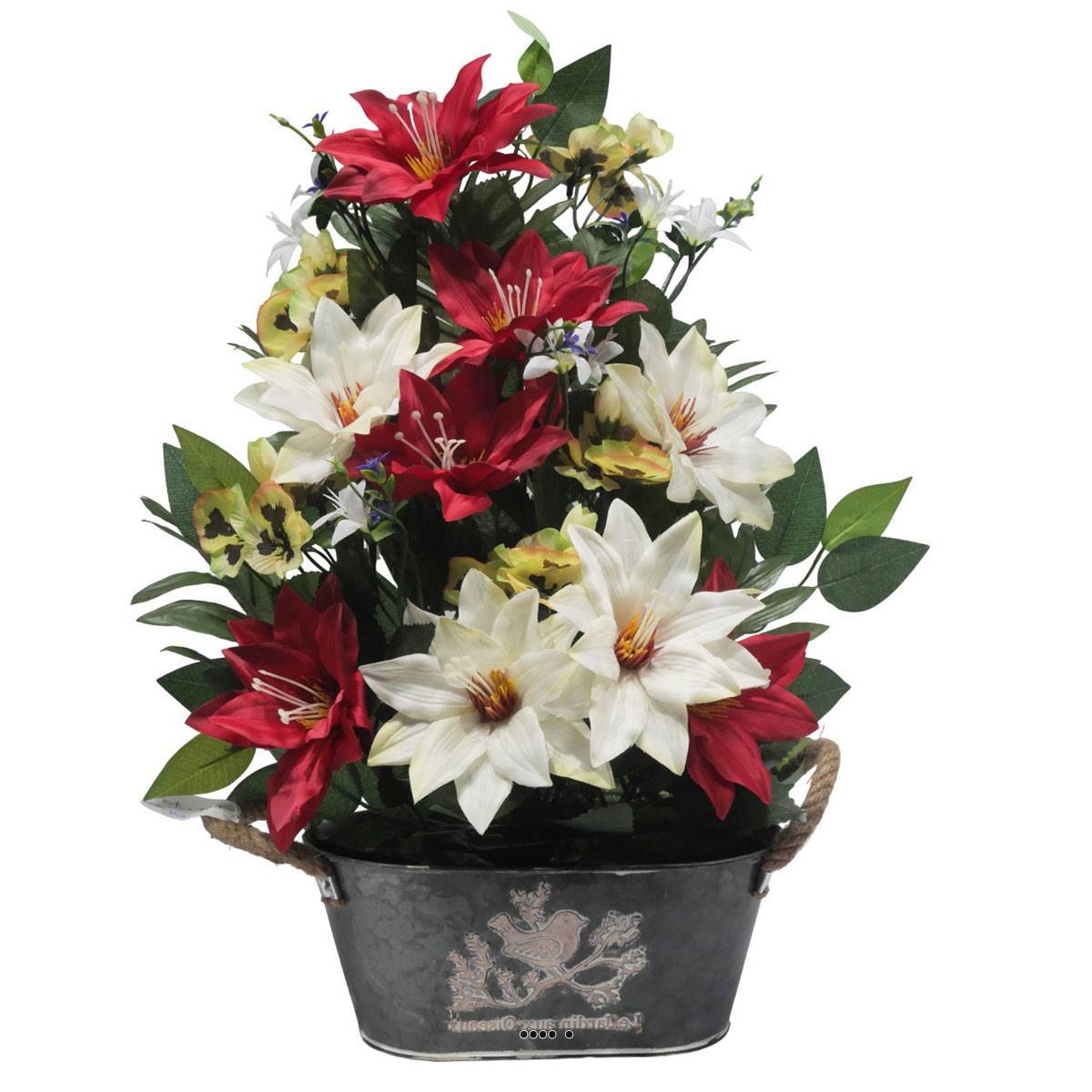 Artificielles - Jardinière Zinc dahlia, Rose, Mini fleurs, Pensée et Ficus Rouge artificiels pour la Toussaint - couleur: Rouge 755 - Imagen 2