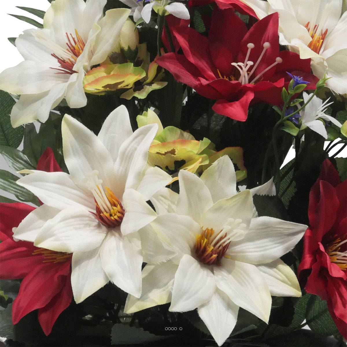 Artificielles - Jardinière Zinc dahlia, Rose, Mini fleurs, Pensée et Ficus Rouge artificiels pour la Toussaint - couleur: Rouge 755 - Imagen 3