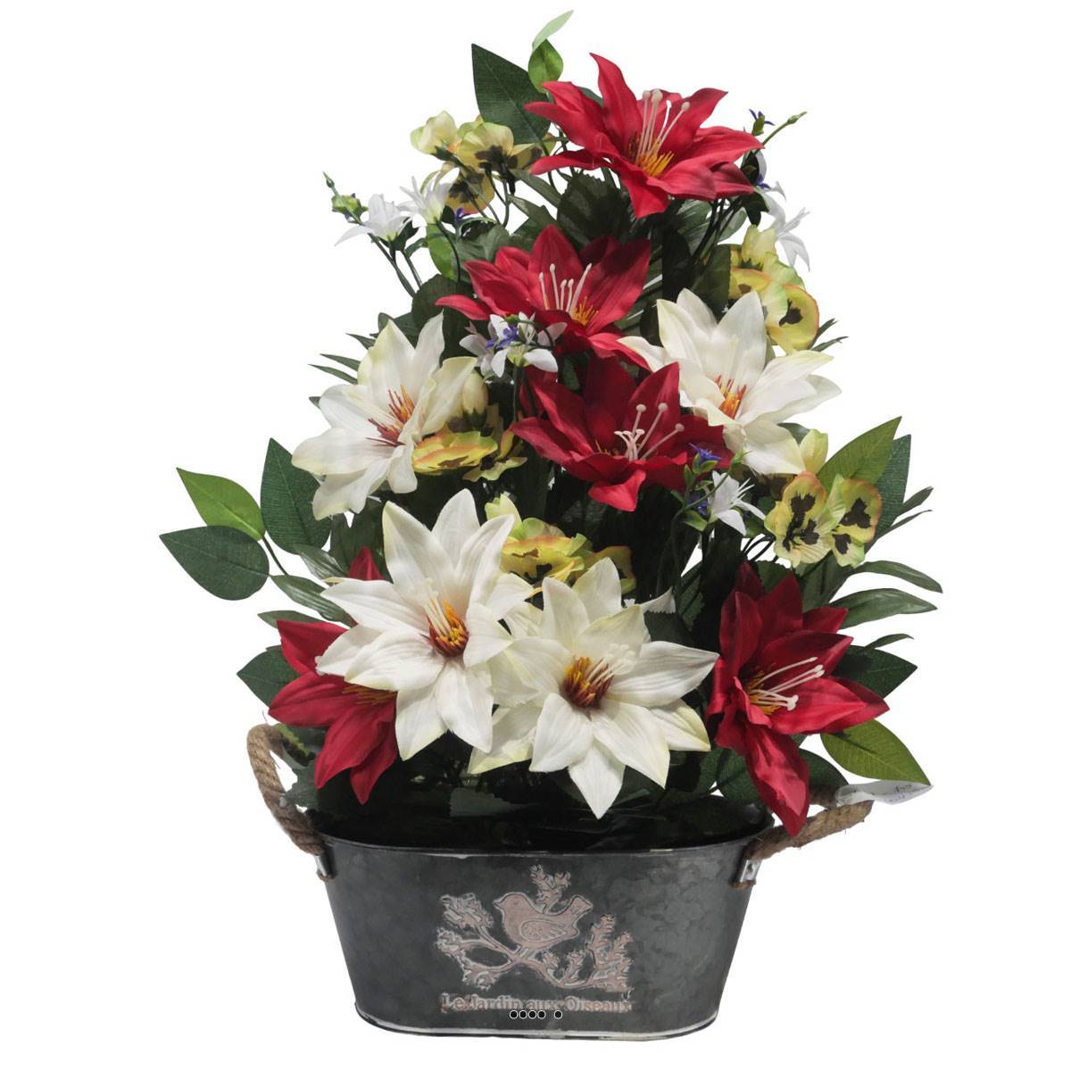 Artificielles - Jardinière Zinc dahlia, Rose, Mini fleurs, Pensée et Ficus Rouge artificiels pour la Toussaint - couleur: Rouge 755 - Imagen 1